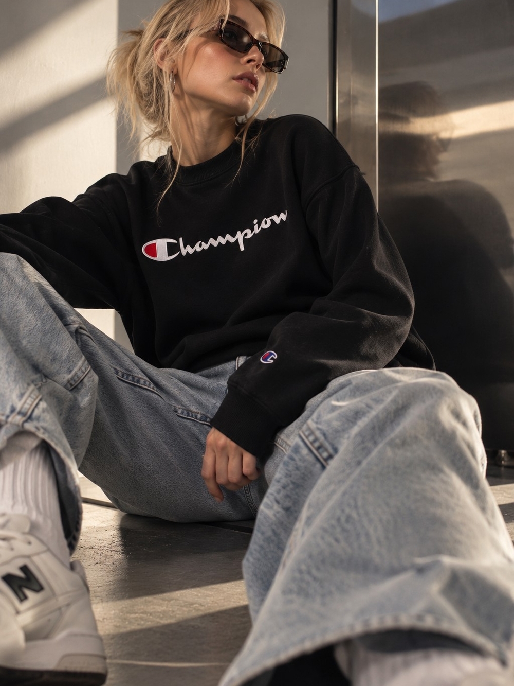 Champion Black Script Logo Crewneck Unisex Sweatshirt